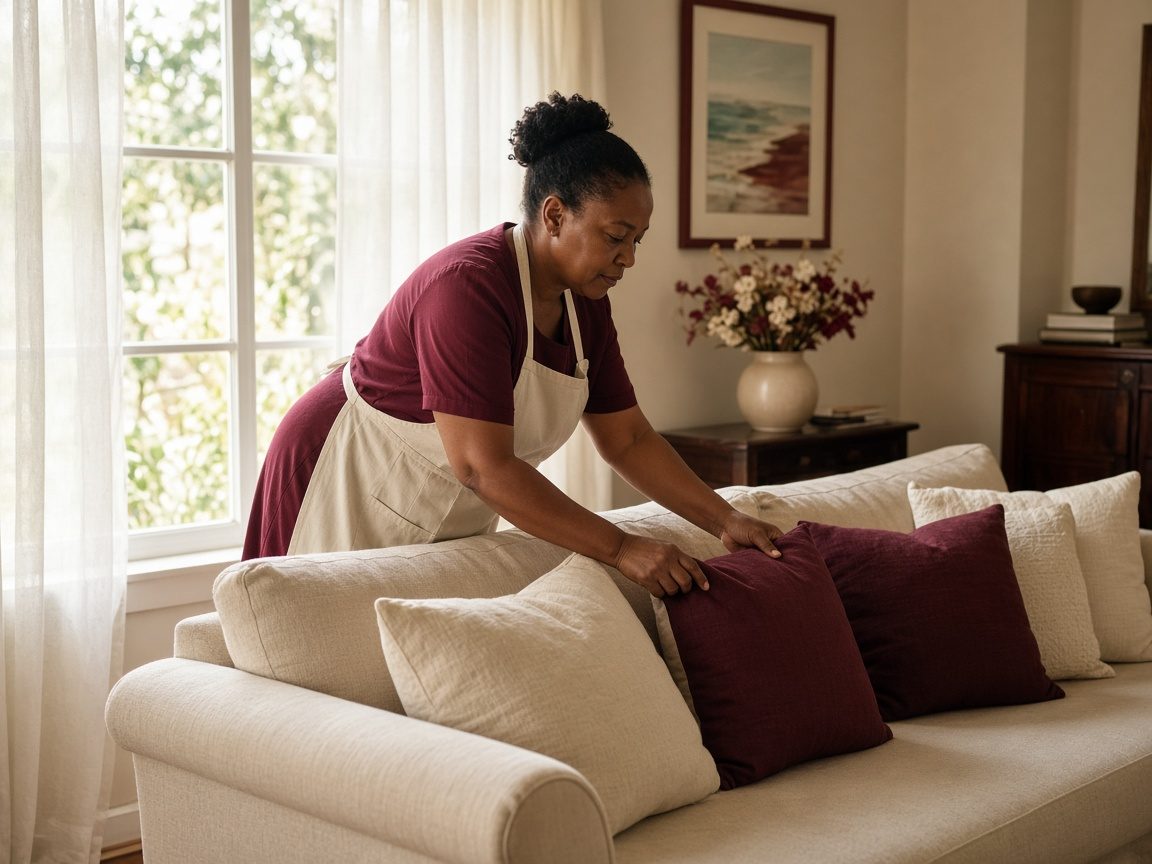 Housekeeper tidying a living room
